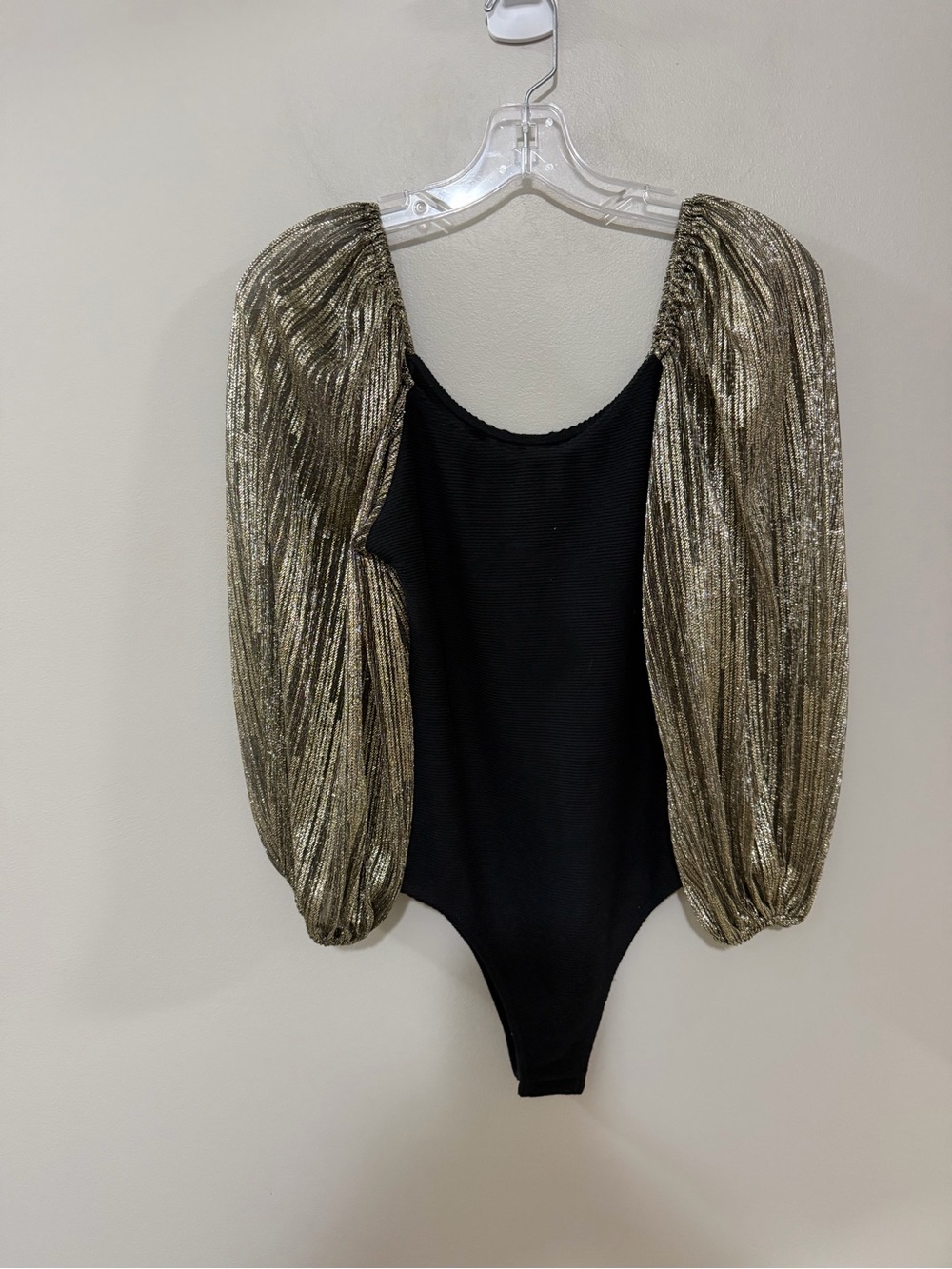 NWT BUCKETLIST Black One-Piece with Metallic Gold Puff Sleeves.  Size Small